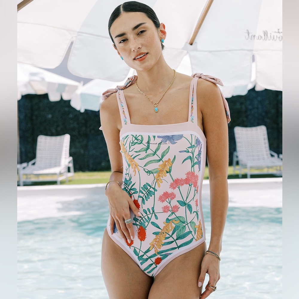 Meyeeka Reversible One Piece for Women Floral Swimuit Tie-Shoulder Monokini Pink